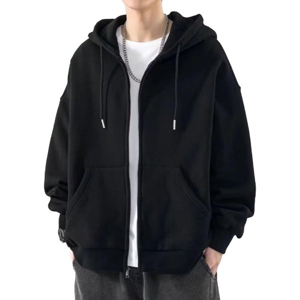Sudadera Con Capucha Para Hombre OtoñO Invierno CordóN Holgada Cremallera Manga Larga Bolsillos Con Capucha Talla Grande CáRdigan Fino Color SóLido Uso Diario Casual L Negro-image