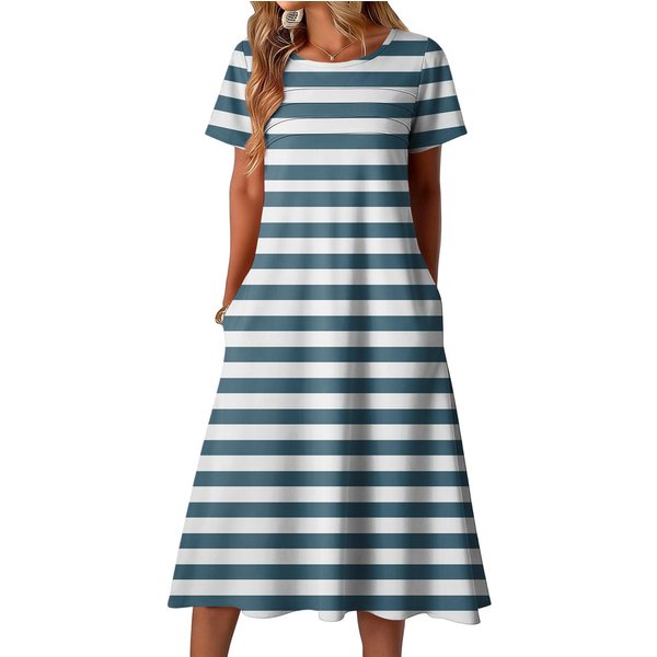 Vestido Casual Y Moderno De Manga Corta Con Cuello Redondo Y Estampado A Rayas Para Mujer Xxxl Azul-image