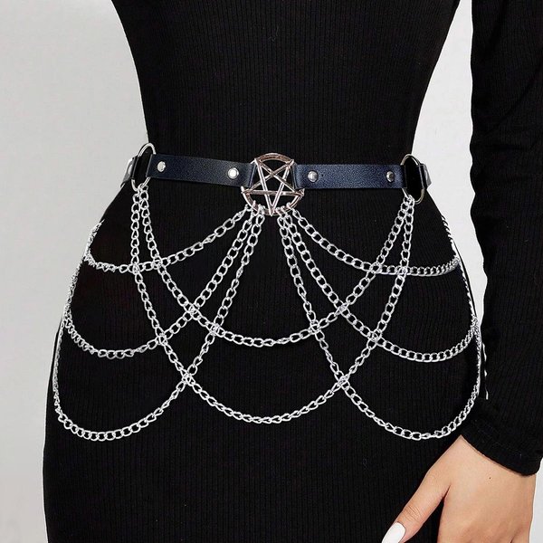 CinturóN De Mujer De Cuero PU Con Cadenas, CinturóN De Cuero Para Mujer, CinturóN Para Mujer, CinturóN De Cadena Hecho A Mano, CinturóN De Cintura Para Mujer, Regalo Para Ella.-image