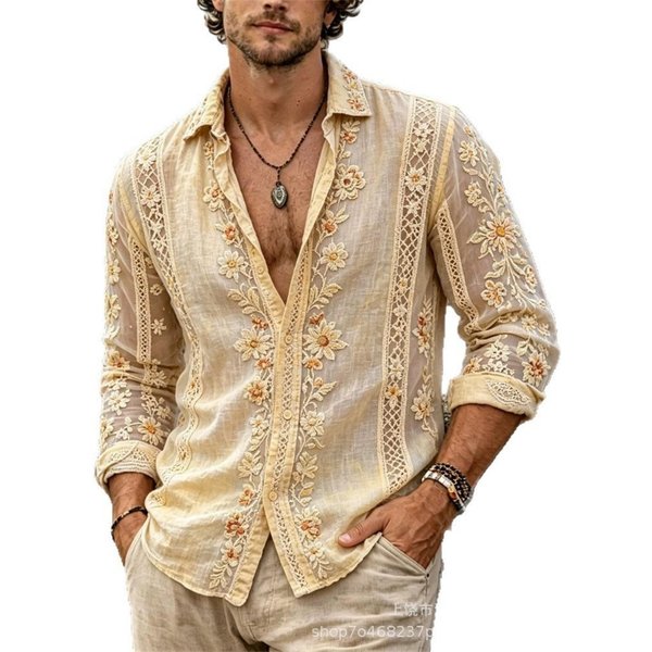 Elegante Camisa Bordada Floral De Manga Larga, VersáTil Y Elegante Top Para Hombre. 4XL Beige-image