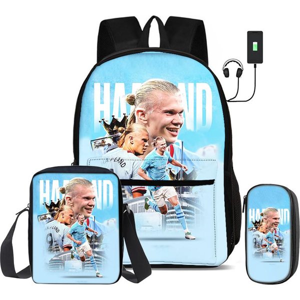 Haaland Juego De 3 Piezas Mochilas Escolares Mochila Con Interfaz USB Estrella De FúTbol Con Bolso De Hombro Estuche Deportivo Para LáPices Mochila Infantil-image