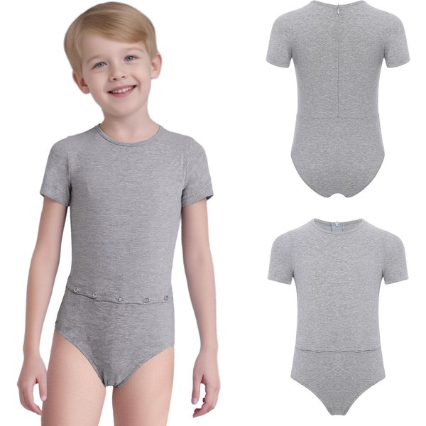 Body Adaptativo Antidesgarro De Manga Corta Con Cuello Redondo Para NiñOs Con Cremallera Oculta En La Espalda Y Abertura Tubular Para Pacientes Con Necesidades Especiales 9-10 Years Gris-image
