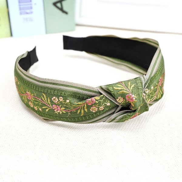 Nowa Retro Damska Etniczna Opaska Do WłOsóW Haftowana Kwiat Liść Opaska Na GłOwę Bezel Na GłOwę Dla Kobiet SkrzyżOwana WęZłOwa ObręCz Do WłOsóW Opaski Nakrycie GłOwy Black-image