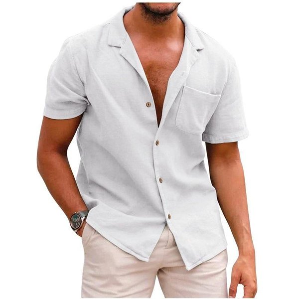 Camisas Casuales De AlgodóN Y Lino Para Hombre Con Bolsillo Manga Corta Abotonadas Texturizadas Camisa De Verano Para Vacaciones Boda En La Playa S Blanco-image