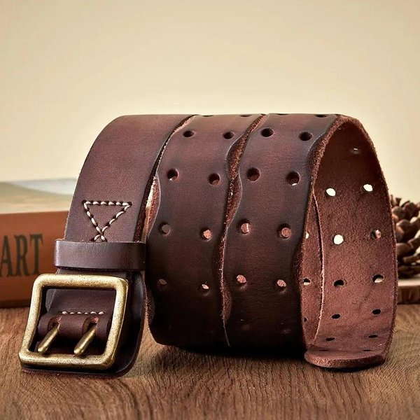 Gruby Oryginalny SkóRzany Pasek Vintage MęSki Szeroki Pasek MęSki SkóRa BydlęCa Prawdziwa SkóRa PodwóJna Klamra Z Bolcami Pasek Cowboy Pasek Do DżInsóW 110Cm Brown-image