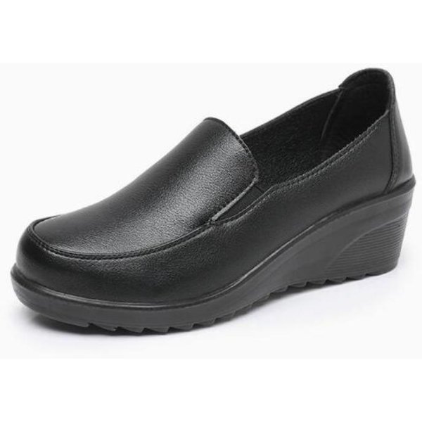2026 Primavera OtoñO Nuevos Zapatos De Mujer Individuales Mocasines CuñAs Suela Blanda CóModos Talla Grande Zapatos De TacóN Medio De Cuero Para Madre 36 Black-image