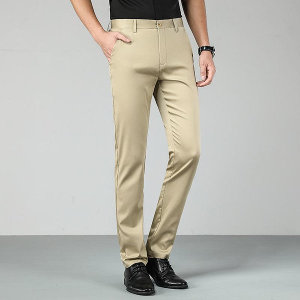 Pantalones Casuales Ligeros Para Hombre EláSticos Sueltos Rectos Pantalones JóVenes De Primavera Y OtoñO Finos De Tencel Para Vestir 40 Beige-image