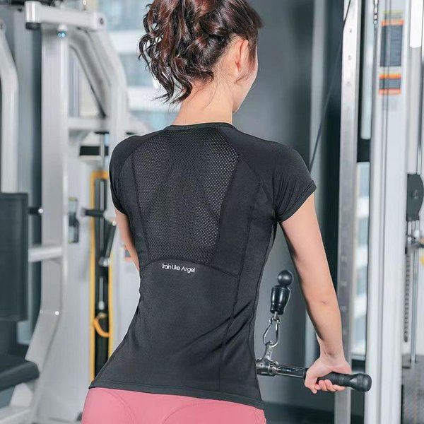 Koszulka Sportowa Damska Letnia OddychająCa Seksowna PięKna Z TyłU Odzież Fitness SzybkoschnąCa Do Biegania Treningowa Z KróTkim RęKawem Top Do Jogi M Czarny-image