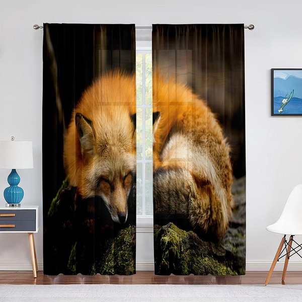 Lindas Cortinas Transparentes De Animal Zorro Para Sala De Estar Dormitorio Cocina DecoracióN Del Hogar Elegantes Cortinas De Tul Voile De Zorro Rojo Cortinas Para Ventanas 1 PCS W100Xh250Cm&Grommet Top-image