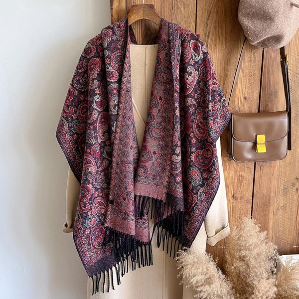 Chal Pashmina Grueso De Invierno Para Mujer DiseñO Paisley Estilo Nacional Bufanda Larga CáLida Con Borlas Poncho Chalecos Para Clima FríO Black-image