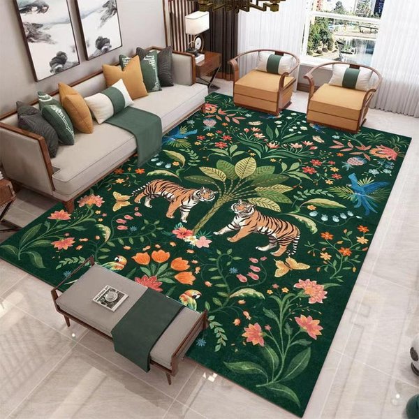 Vintage DżUnglowy Tygrys Kwiatowy Dywanik Obszarowy Ze Wzorzystym Zielonym Wzorem DużY Rozmiar Bohemski Luksusowy Dekoracyjny Dywan Do Salonu 120X160Cm-image