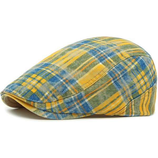 Boina Para Hombre BritáNica Vintage A Cuadros Gorra Plana Para Mujer AlgodóN Color En Contraste Gorra Con Visera Amarillo-image