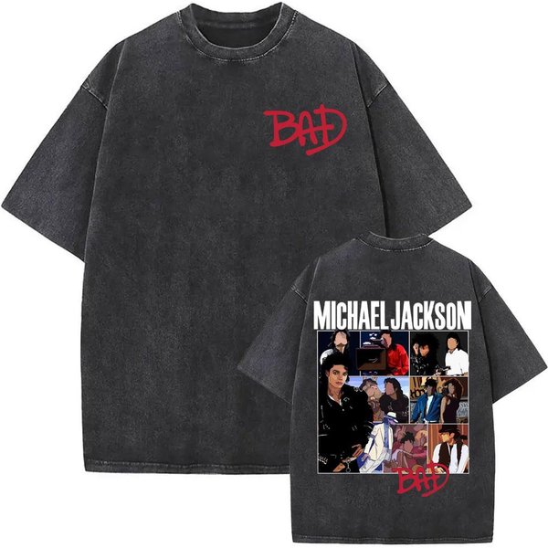 KróL Popu Michael Jackson Era Bad vintage Spierane Koszulki MęSkie Damskie Moda Klasyczne Codzienne Koszulki Letnie Top BawełNiany T-Shirt S Gray-image