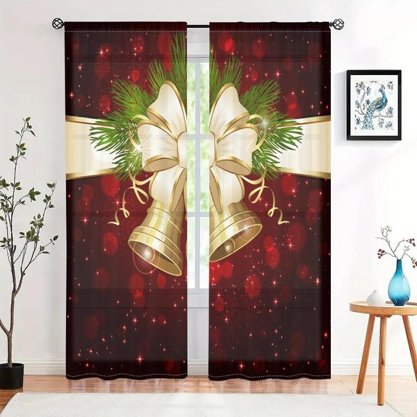 2 Piezas, Cortinas De Guirnalda De Flores Brillantes Con Campana NavideñA - 30% Opacas - Adecuadas Para Sala De Estar, Dormitorio, Cocina, DecoracióN Del Hogar W150CM H166Cm&Rod Pocket-image