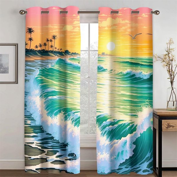Romantyczny Kolor Fale Oceanu Krajobraz ZasłOny 2 Panele Salon Sypialnia Balkon Dekoracja Okna ZasłOny Styl Anime 50W130H(Cm)X2Pcs&Hook-image