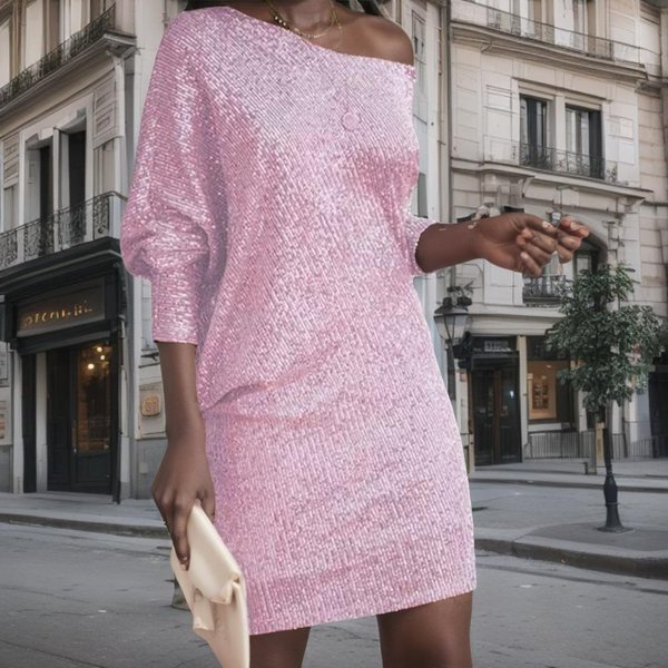 Damska Mini Sukienka Z Odkrytymi Ramionami I DłUgim RęKawem LuźNy KróJ ŚRednio Wysoki Stan Elegancka Sukienka Wieczorowa Bodycon M RóżOwy-image