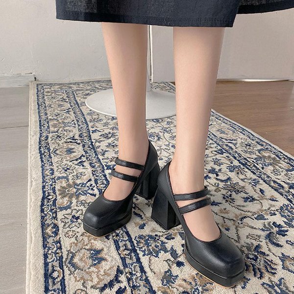 Kobiety Kwadratowy Nosek Kwadratowe Wysokie Obcasy Jesień Kobieta Platforma Mary Janes Damskie Buty Na Rzepy Damskie Retro CzółEnka Obuwie 8.5-image