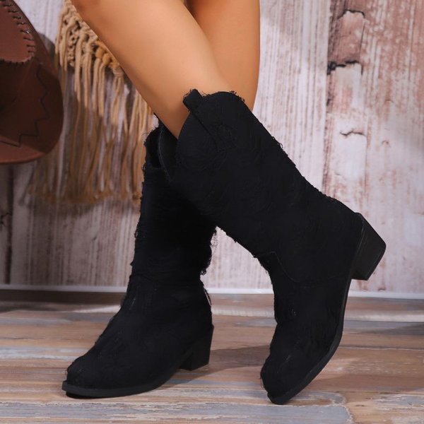 Zapatos De Invierno Para Mujer Botas De Media CañA Para Mujer Sin Cordones TacóN Cuadrado Punta Fina Zapatos De Mujer Tallas Grandes Botas Novedosas Para Mujer 42 Negro-image