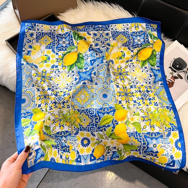 Diademas De Seda Con Estampado De Moda Bufanda De LimóN De Verano Para Mujer Nueva Elegante Bandana PañUelo Para El Cuello Diademas Foulard PañUelos Femeninos Azul-image