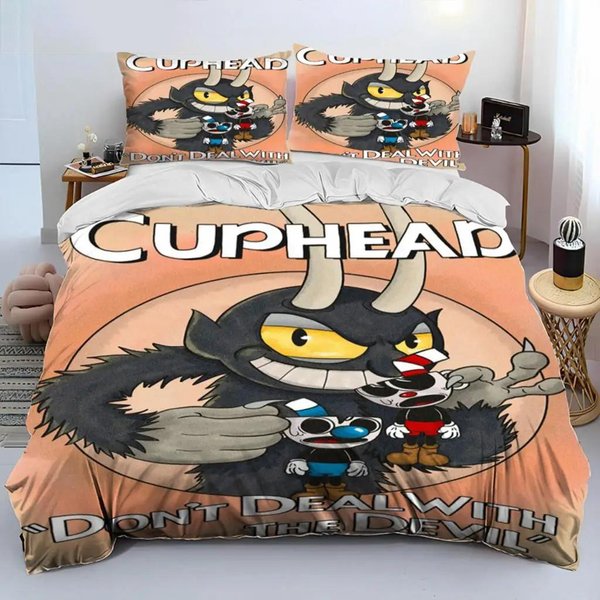 KreskóWkowy Zestaw PośCieli Cuphead I Mugman ChłOpcy Dziewczynki Rozmiar Twin Queen Poszwa Na KołDrę Poszewka Na Poduszkę ŁóżKo Dzieci DorośLi Tekstylia Domowe EU Single(135X200Cm)-image