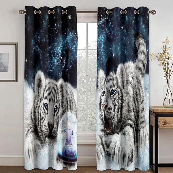 ImpresióN Digital 3D Barato Personalizado Animal LeóN Tigre Dos Cortinas Finas Para Ventana Para DecoracióN De Sala De Estar Dormitorio 2 Piezas EnvíO Gratis W50H60(Cm)X2Pcs&Grommet Top-image