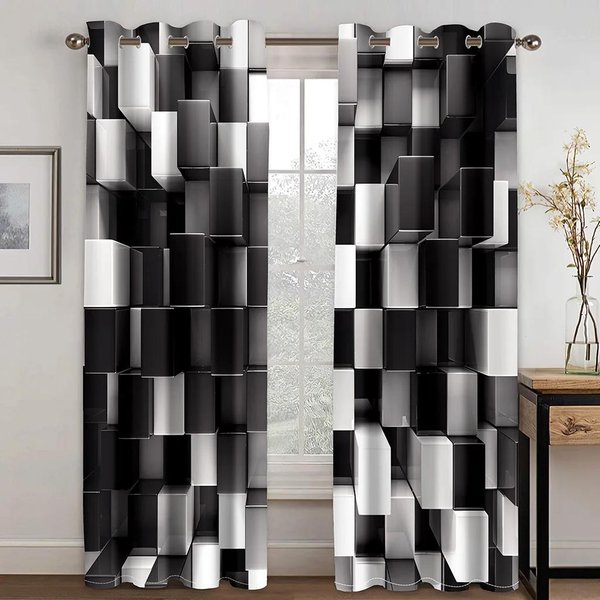 Srebrne Geometryczne Kwadratowe Czarno-BiałE ZasłOny 2 Panele Czerwony Niebieski Salon Sypialnia Kuchnia Balkon Okna Dekoracyjne ZasłOny 70W245H(Cm)X2Pcs&Hook-image
