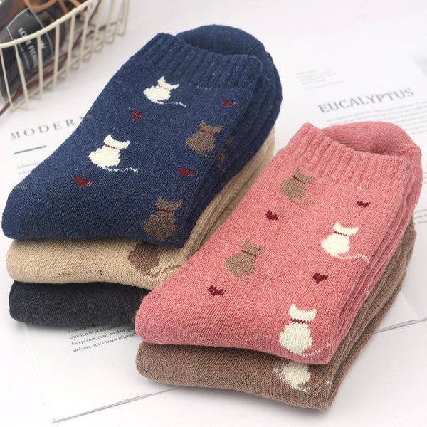5 Pares/Set Calcetines De Invierno Gruesos De Lana Y Cachemira Para Mujer CáLidos Suaves Lisos Casuales Size 35-42-image