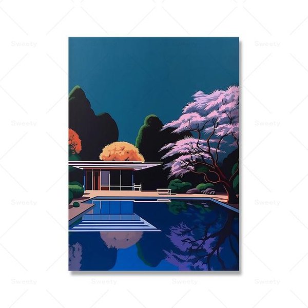 Nagai Hiroshi Palm Springs ZachóD SłOńCa W Basenie Drukowanie Vintage JapońSki Plakat Pop Dekoracja WnęTrz Malarstwo śCienne Na PłóTnie 40Cm×50Cm Noframe-image