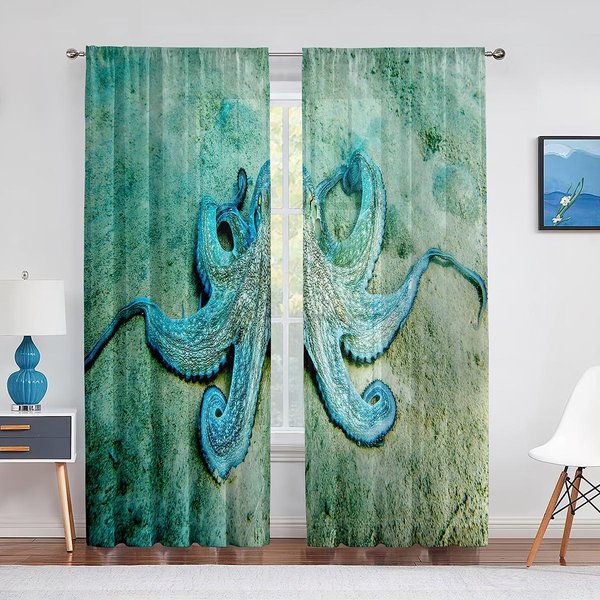 Ocean Kraken Niebieski Morski ŻYcie Macki OśMiornicy Tiulowe ZasłOny Do Salonu Sypialni Przezroczyste Woalowe ZasłOny Okienne Draperie Party 1 PCS W150Xh250Cm&Rod Pocket Blue-image