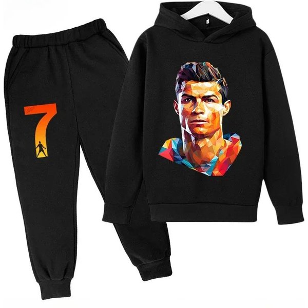 Wiosna Jesień Cr7 3-12 Lat Zestaw DziecięCy Bluza Z Kapturem+Spodnie Garnitur Zestaw 2-CzęśCiowy ChłOpcy Dziewczynki Codzienne DziecięCe Dresy 160 Black-image