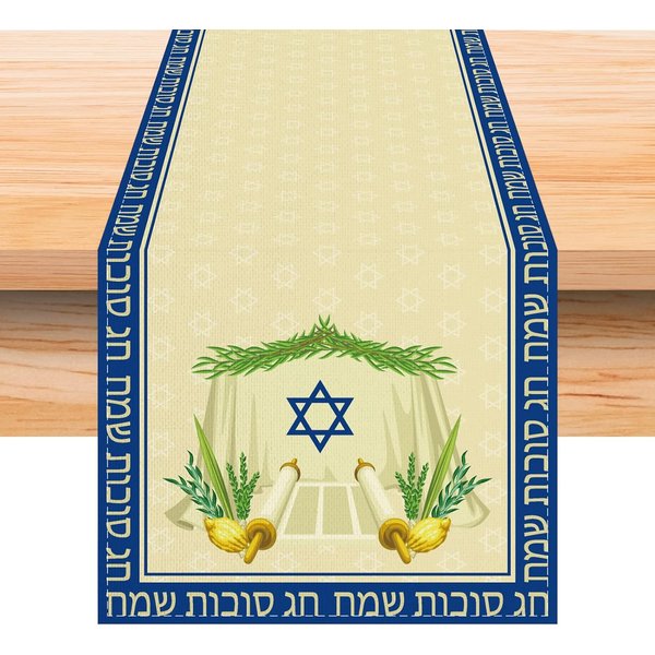 Sukkot Lnianny BieżNik Na Stół ŻYdowskie ŚWięTo Dekoracja StołU Wielokrotnego UżYtku Sukkah Etrog Lulav BieżNik Na Stół Kuchenny Jadalny Dekoracja Domowej Imprezy 150X33Cm-image