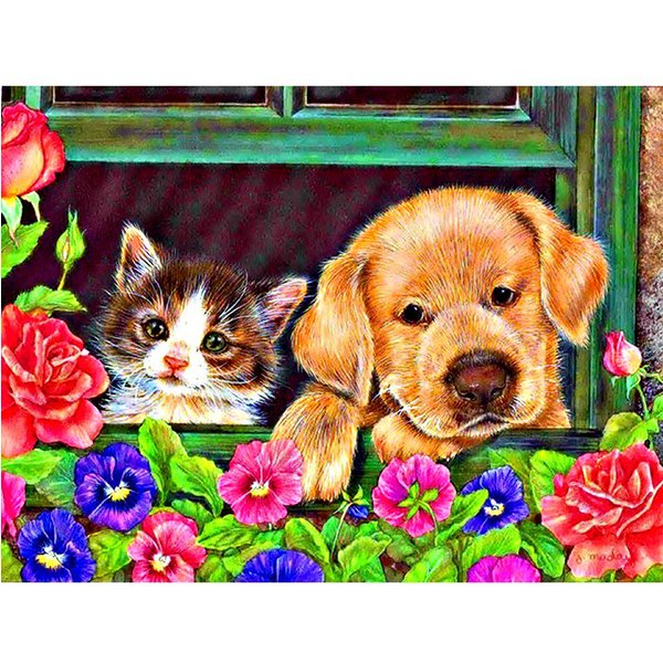 Pintura De Diamantes 5D DIY Redonda Completa Gato Y Perro Bordado Punto De Cruz PedreríA 20X30CM Orange-image
