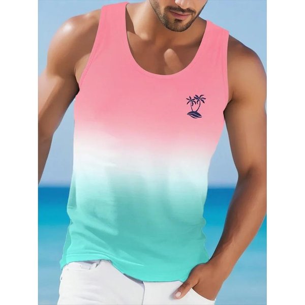 Verano Cuello Redondo 3D Degradado Palmera Estampado Top Moda Casual Estilo Hawaiano Chaleco Sin Mangas Camisetas De Hombre M-image