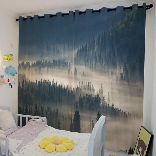 Paisaje NóRdico Bosque Verde Bosque Amarillo Hotel Dormitorio Sala De Estar Sala De Estudio Cortina De Ventana Tela De Sombra Alta Sombra Nuevo W55 X H120Cm X 2&Grommet Top-image
