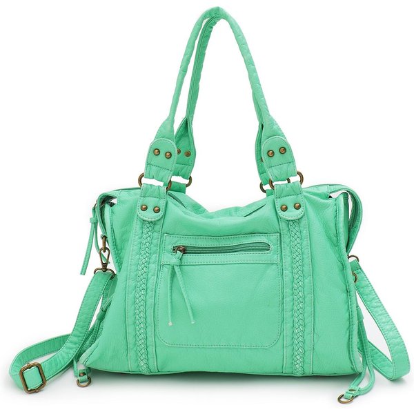 Bolso Tote De Cuero PU Lavado Vintage Gran Capacidad Bolsillos Con Cremallera DecoracióN Trenzada Bandolera Unisex Para Mujer Bolso De Mano Diario Para Viajes Blue-image