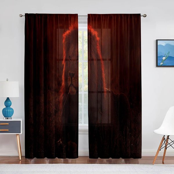Pintura De Paisaje Pareja De Leones Nubes Vida Silvestre Cortinas TraslúCidas Para DecoracióN De Sala De Estar Dormitorio Cocina Visillos De Ventana Cortina De Tul 1 PCS W100Xh250Cm&Grommet Top-image