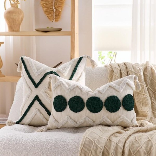Fundas De CojíN Tufted De Chenilla Suave Estilo Boho Farmhouse Con Borlas Para DecoracióN De Hogar Sala De Estar Cama Sofá 30X50Cm White-image