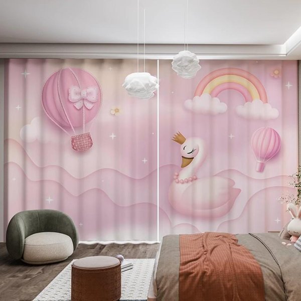 Cortina Unicornio Rosa De 2 Paneles Princesa ArcoíRis Ballena Dibujos Animados Animal Cortina Para NiñA Dormitorio Infantil Estores Cortinas Gancho 2X50W100H(Cm)&Hook-image