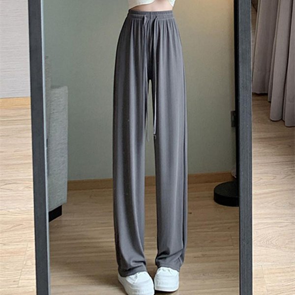 Pantalones De Pierna Ancha De Seda Helada Verde Matcha Para Mujer En Verano, Cintura Alta, CaíDa, Frescos, VersióN Estrecha, Pantalones Rectos, Pantalones PequeñOs Finos Para Proteger Del Sol 2XL Gray-image