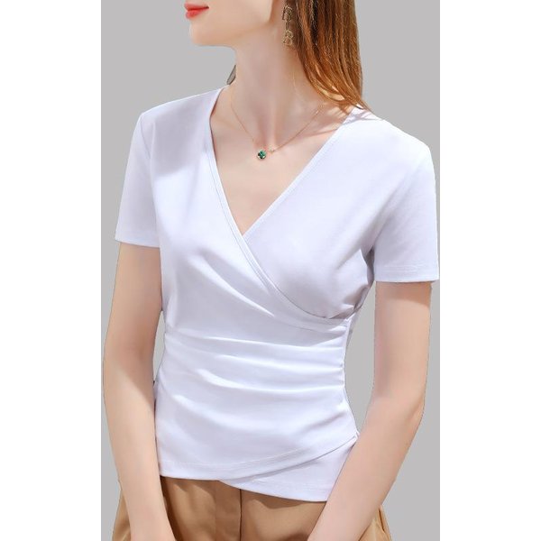 Camiseta De Manga Corta De AlgodóN Mercerizado Con DeteccióN De Hielo Para Mujer Nueva Camiseta De Color SóLido 100% AlgodóN Para Mujer DiseñO De Cuello En V Cruzado Top 3XL White-image