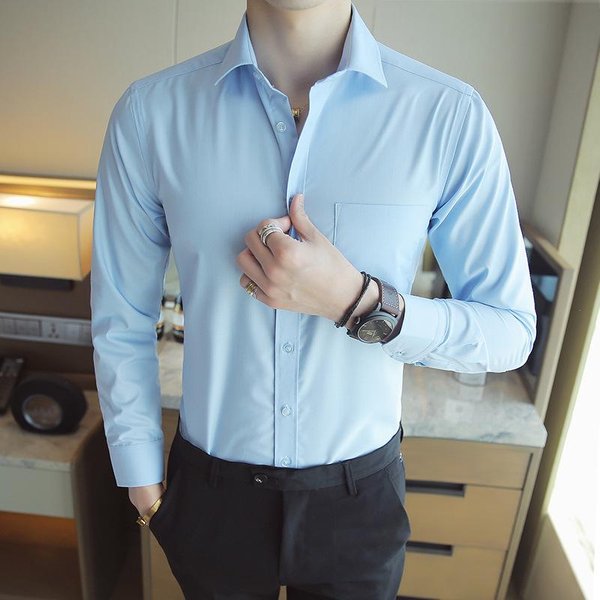 Camisa Blanca De Manga Larga De OtoñO Para Hombre Camisa Negra De Manga Larga Casual De Negocios 5XL Azul-image