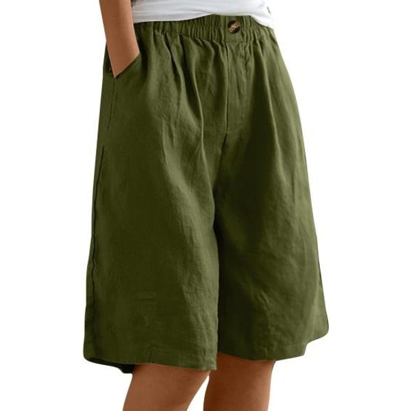 Pantalones Cortos Bermuda Para Mujer Largo Hasta La Rodilla Cintura Alta Holgados Con Bolsillos Cintura EláStica Verano AlgodóN Lino Shorts Para Vacaciones En La Playa XXL Verde Del EjéRcito-image