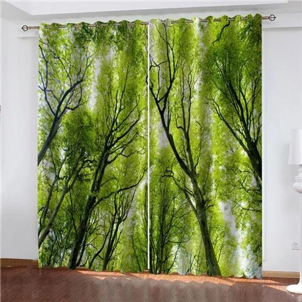 Naturalny WzóR Drzewa W Kolorze LeśNej Zieleni Sypialnia Salon Wysokie Zaciemnienie ZasłOny Naturalna Sceneria Gruba ZaciemniająCa Draperia Nowa ZasłOna W55 X H120Cm X 2&HOOK-image