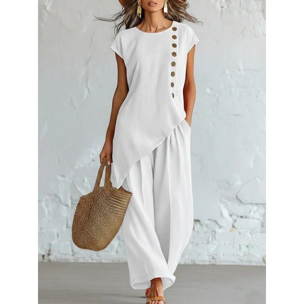 Conjunto De Dos Piezas Para Mujer: Top AsiméTrico De Manga Corta Con Botones Y Pantalones De Pierna Ancha Color Caramelo XXL White-image