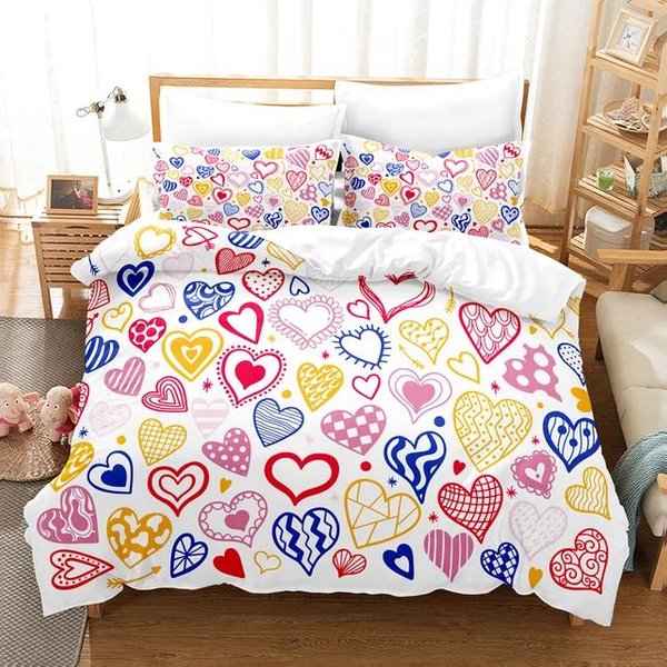 Juego De Cama Rosa Con CorazóN De Amor Funda NóRdica Cubre EdredóN HabitacióN De NiñAs Dulces Lindos EdredóN TamañO King Queen Doble Individual Ropa De Cama US Twin(172X218Cm) Beige-image