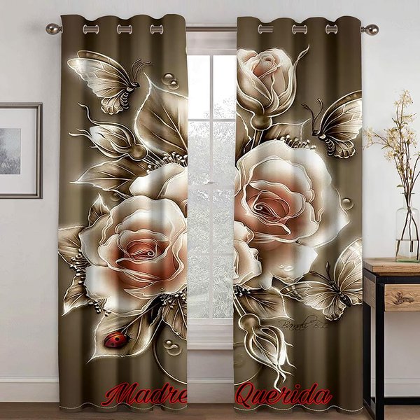 Cortinas De Rosas 3D Rojo Oro Azul Floral DecoracióN RomáNtica Lujo Sala De Estar Dormitorio Cocina BalcóN 2 Paneles 50W130H(Cm)X2Pcs&Grommet Top-image