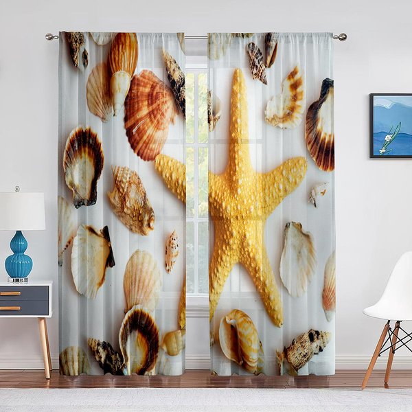 Rozgwiazda Kolorowe RóżNe Muszle WybrzeżE Z Piaskiem Tiulowe ZasłOny Do Dekoracji Salonu Kuchni Sypialni Przezroczysta Woalowa ZasłOna 1 PCS W100Xh250Cm&Grommet Top-image