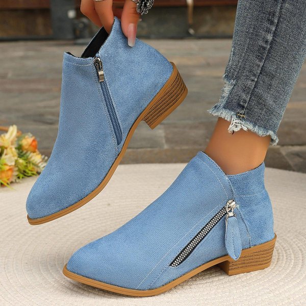 Buty Damskie, Botki Damskie, Zamsz, OkrąGłY Nosek, Zamek Boczny, Gruby Obcas, SkóRzane Buty, Damskie KróTkie Botki 39 Niebieski-image