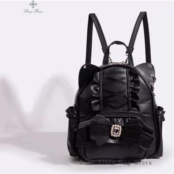 Nuevas Mochilas De Moda Lindas Con Orejas De Gato DecoracióN De Lazo De Encaje Dulces Para Mujeres Y2K Punk Mochilalolita NiñAs Gran Capacidad Mochila Escolar 25X20X9Cm-image