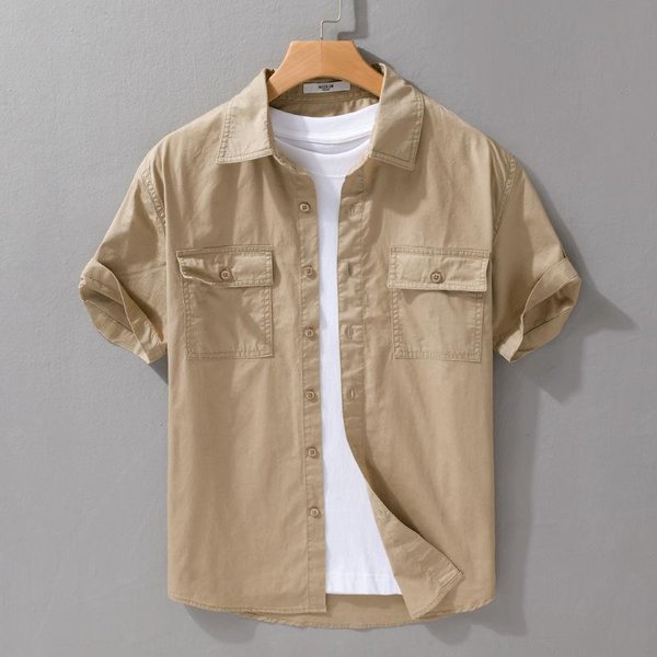 Camisas De Verano Para Hombre Estilo JaponéS Camisa Cargo De Manga Corta Doble Bolsillo Ropa De Trabajo Tops Para Hombre AlgodóN Puro Camisas Casuales Xxxl Caqui-image